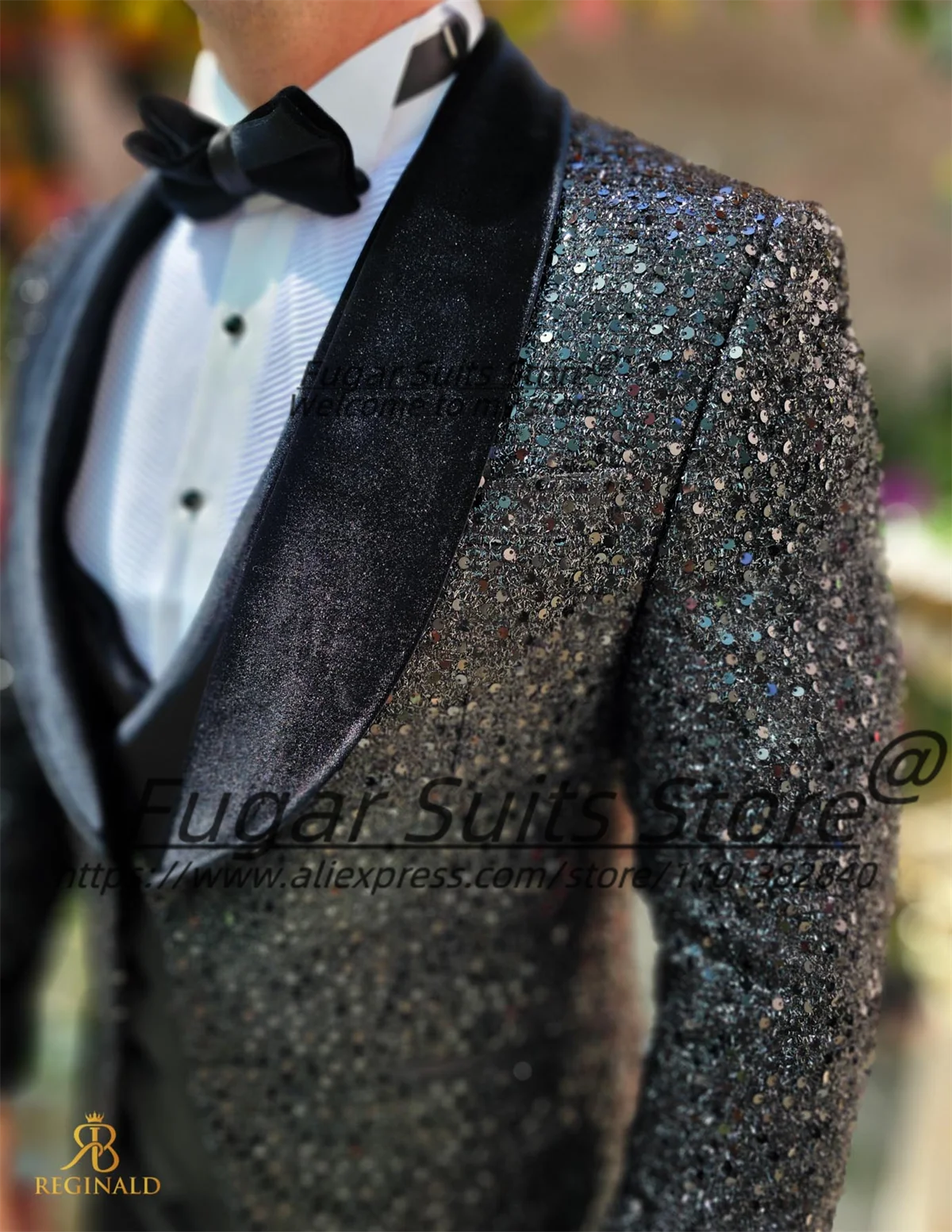Luxuly Black Shiny Groom Wedding Tuxedos Customized Slim Fit Shawl lapel Men Suits Male Party Blazers 3Pieces Sets Costume Homme