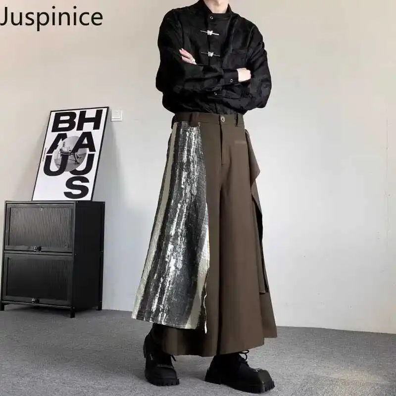

Chinese Style Irregular Splicing Culottes Shirt Suit Couple High Street Loose Casual Personalized Tops Pants Set Male Clothes