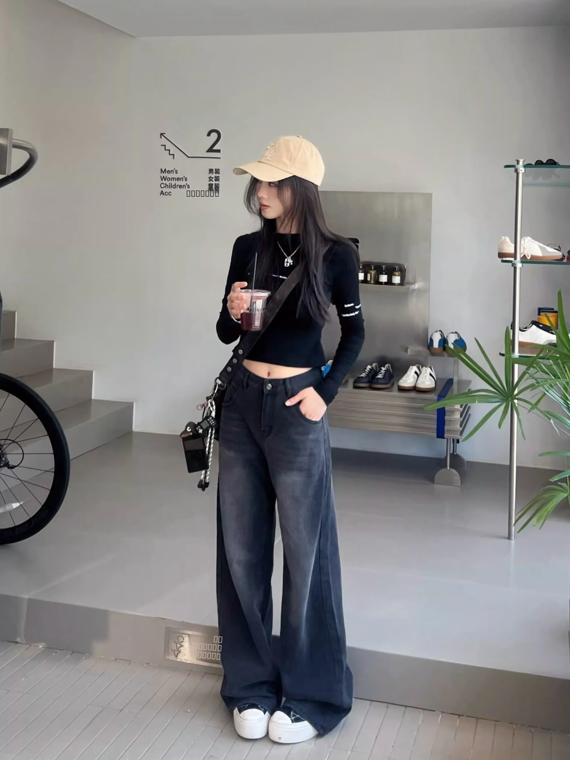 

High Waist Straight Leg Loose Fit Slimming American Sle Jeans Bla ey Floor Length Pants Autumn Season Regular Thin