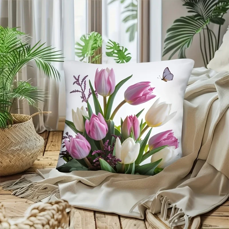 VIKAMA Retro Tulip Butterfly Pillow Covers 18x18, Vintage Floral Cushion Case for Sofa Bed Living Room Home Decor