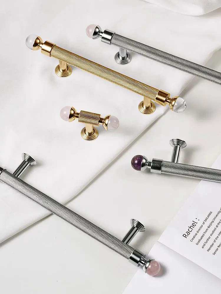 Solid Brass Knurl Pattern Kitchen Cabinet Handles Double-ended  Crystal Wardrobe Pulls T Bar Door Knob Luxury Furniture Hardware