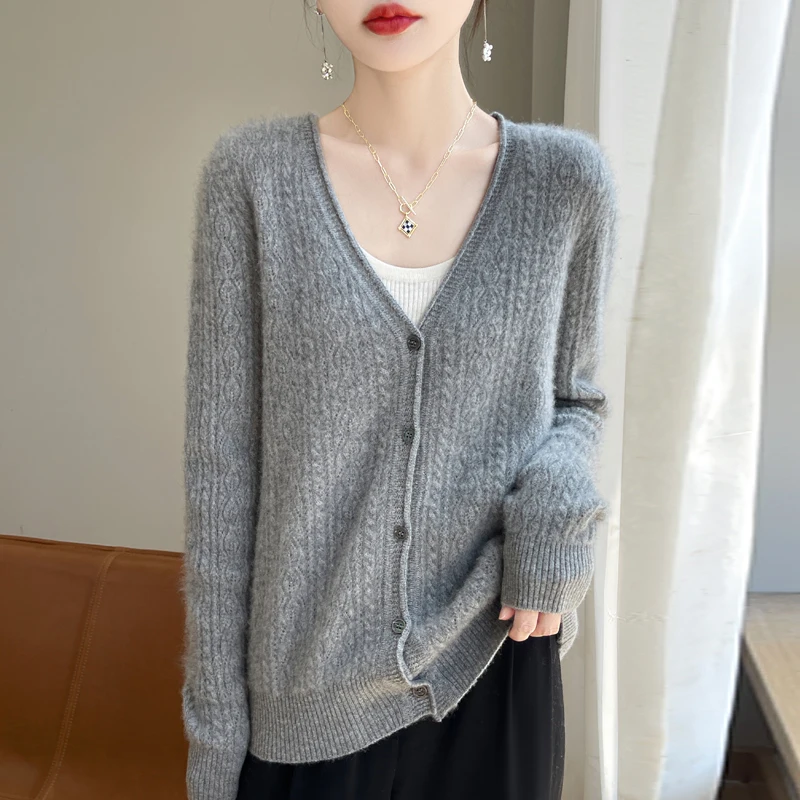 

New pattern Women Knitwear 100% Wool Cardigan Fashion Seamless Sweater V-Neck Hollowed out flower pattern Thick loose Basics Top