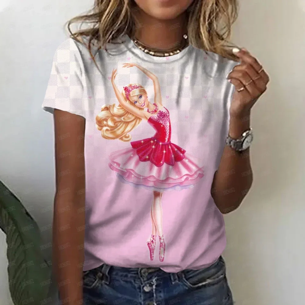 2024 T-shirt da donna nuova a maniche corte Barbie Cartoon Primavera ed estate Casual Girocollo Stampato Dea T-shirt stile semplice