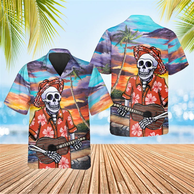 Skeleton Man Pattern 3D Mens Short Sleeve Shirts Coconut Tree Print Hawaiian Button Shirt Design Casual Men's Lapel Blouse Top