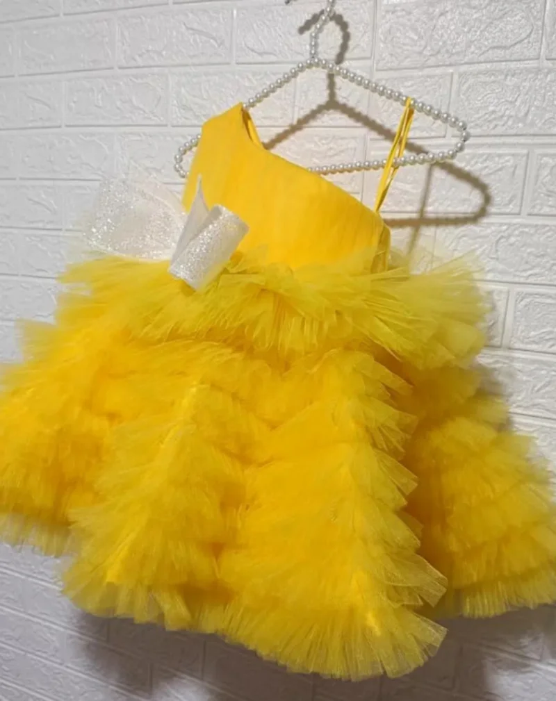 

Tiered Yellow Ball Gown Puffy Wedding Flower Girl Dress with Bow Toddler First Birthday Party Dress Photoshoot Outfit