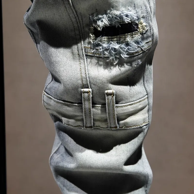 Street Designer Fashion Men Jeans Retro Gray Blue Stretch Slim Fit Painted Ripped Jeans Men Hip Hop Vintage Denim Pants Hombre