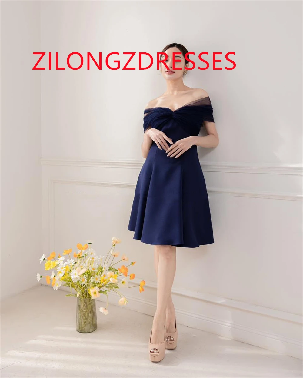 Vestido de noche de Jersey azul con temperamento personalizado, vestidos para ocasiones especiales de manga corta sin tirantes de alta calidad con hombros descubiertos