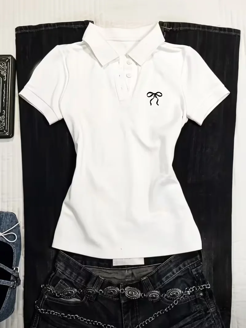 Y2K White Waisted Polo Shirt Summer New Slim Fit Tees