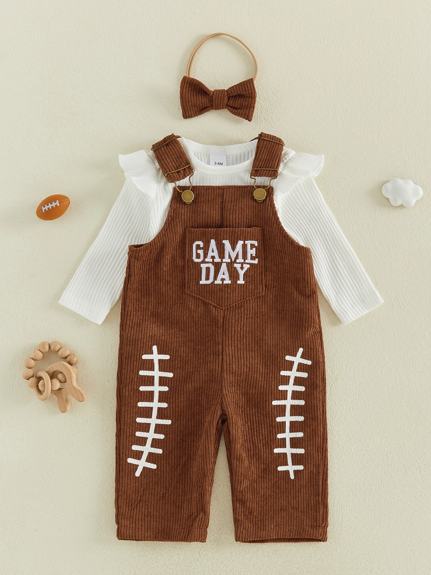 Headband Bow Headband Outfits Rugby Baby Girl Outfits Rugby Theme 3 Pcs Fall-Outfits-Rugby Overalls Headband Bow Headband