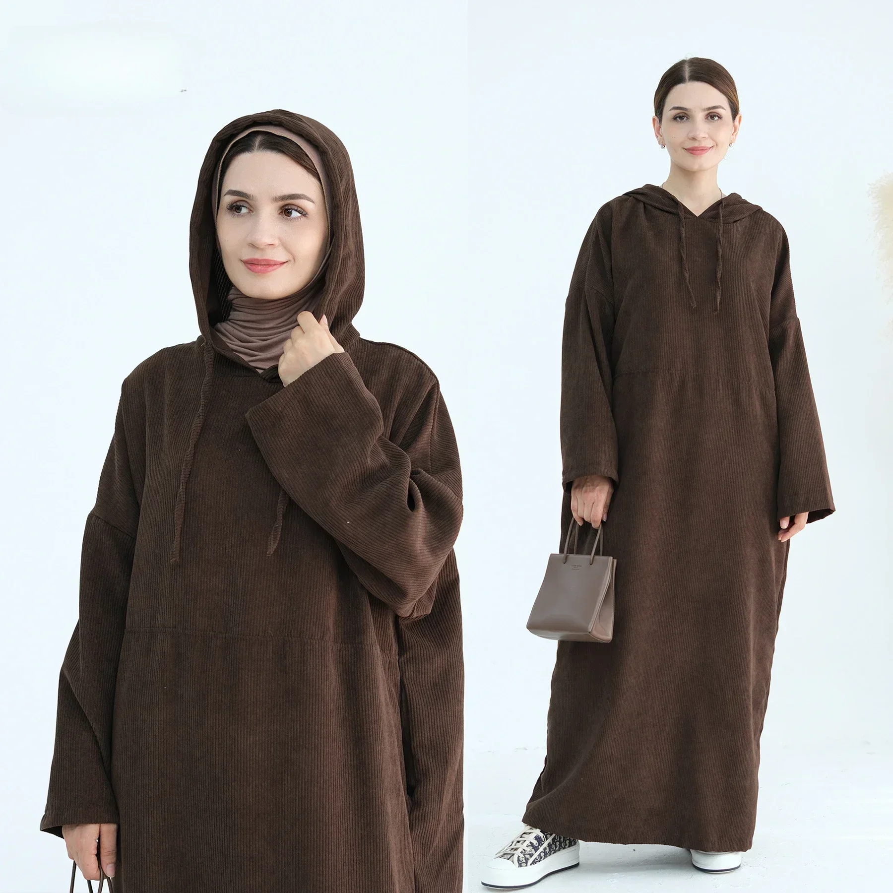 Winter Corduroy Abaya with Hat Muslim Dress Turkish Casual Wear Plain Abayas for Women Dubai Luxury Ramadan Autumn Islam Clothes