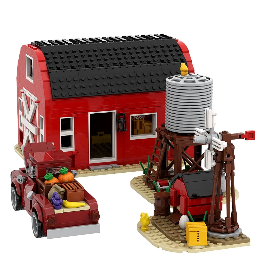 MOC Red Farm Architecture Windmill Farm House Building Blocks Medieval Animal Homeland Farm Cabin Garden Car Bricks Kids Toys