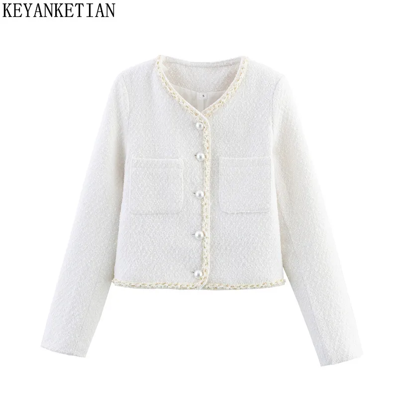

KEYANKETIAN Autumn and Winter New Women's Clothing Small Fragrant Style Pearl Buckle Edge Pocket Short Coarse Coat Women Jacket