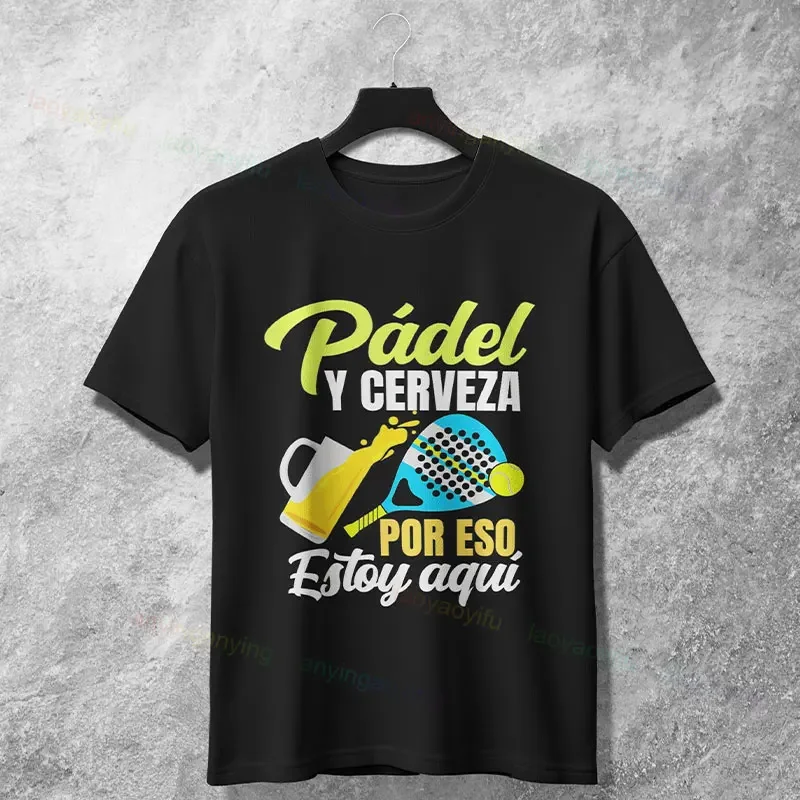 

Padel and Beer Funny Graphic Tee Breathable Cotton Casual Sport T-Shirt for Men