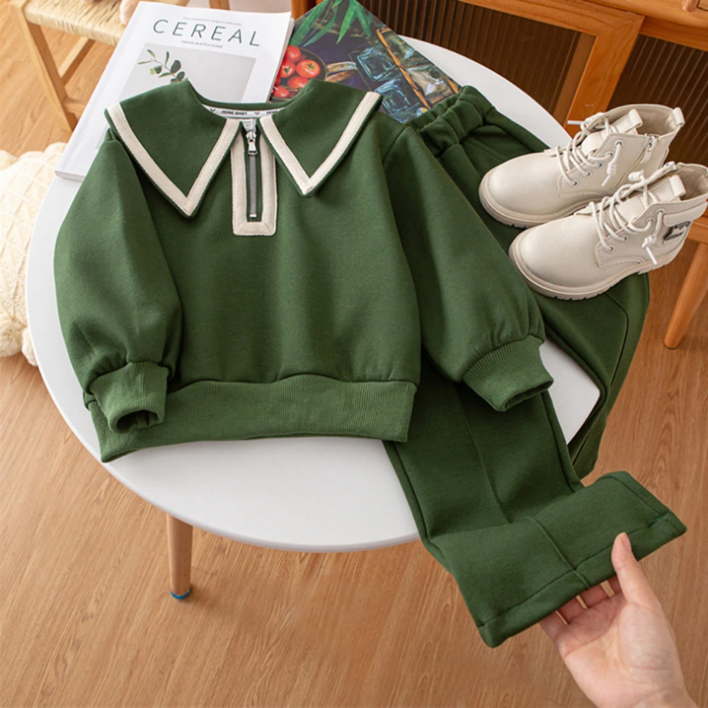 Children's Clothing Green Collar Zipper Top+Casual Pants Two-piece Set for Spring Autumn Long Sleeved Solid Color Girls Clothes