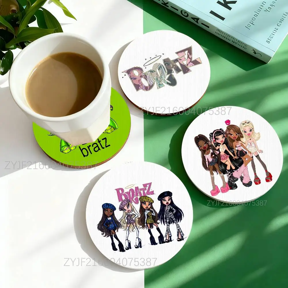 

B-Bratz-Dolls Cute Fashion Pattern Art Coasters Round Wooden Heat Resistant Non-Slip Home Decor Gift Multifunctional