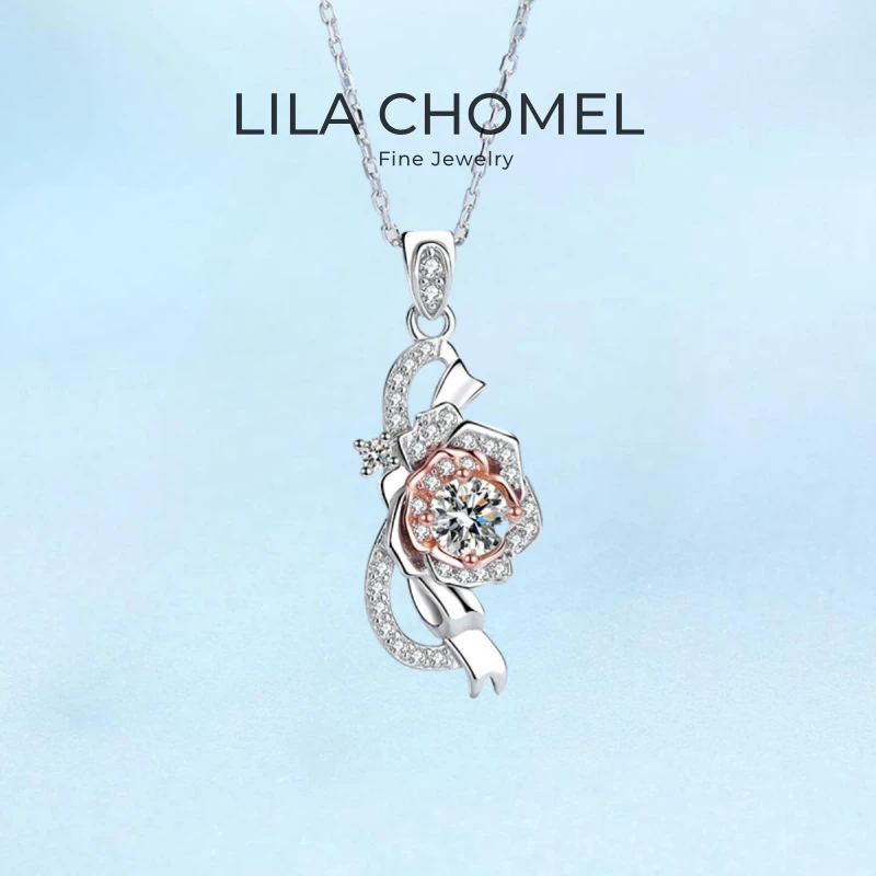 

Girlfriend Birthday Gift 18K White Gold Necklaces Women Engagement 0.5CT Moissanite Diamond Rose Pendant Wedding Fine Jewelry