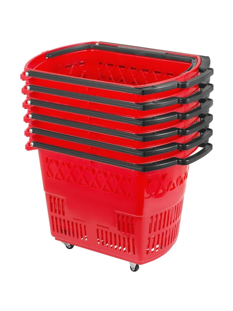 6-piece shopping cart, plastic rolling shopping basket with wheels, red shopping basket with handle