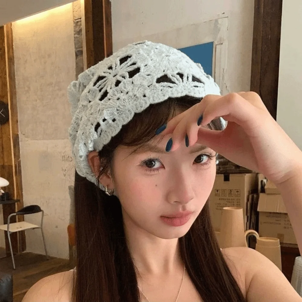 Solid Color Triangle Hair Scarf Sheer Mesh Handmade Crochet Knitted Headscarf Sweet Cute Strap Hollow Crochet Headband