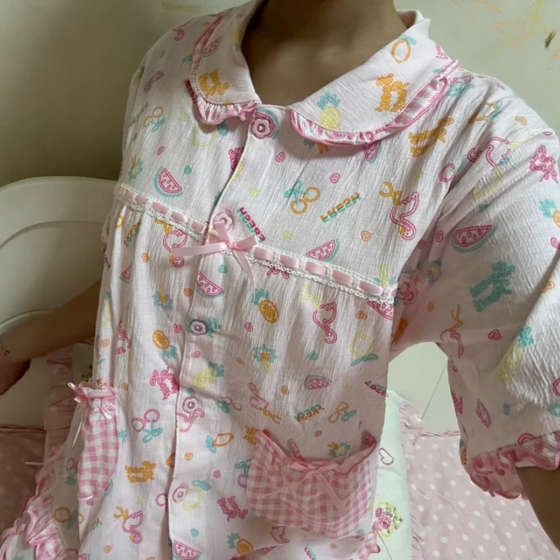 Summer New Pink Women's Top Bow Lace Stringy Selvedge Shorts Fruit Embroidered Cute Sweet Thin Doll Collar Pajamas Suit Ladies