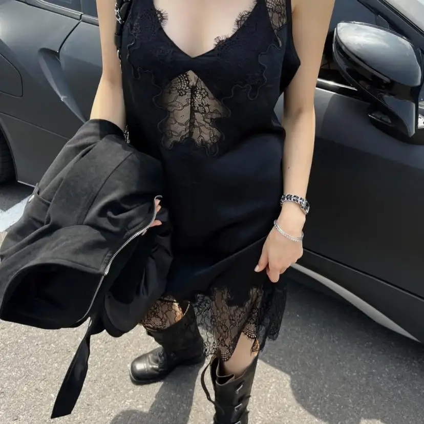 섹시한 레이스 삽입 미니 드레스 여성 여름 새로운 순수한 욕망 Strapl 드레스 캐주얼 스타일 가을 시즌 민소매 폴리 에스터 코튼 블렌드