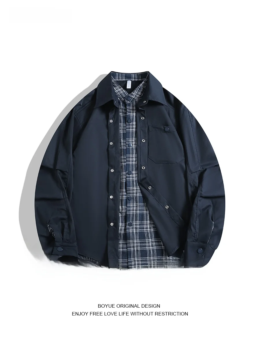 

Boyue, корейский клетчатый лоскутный повседневный молодежный модный мужской тюнер, свободный крой, длинный свек на пуговицах, весна-осень
