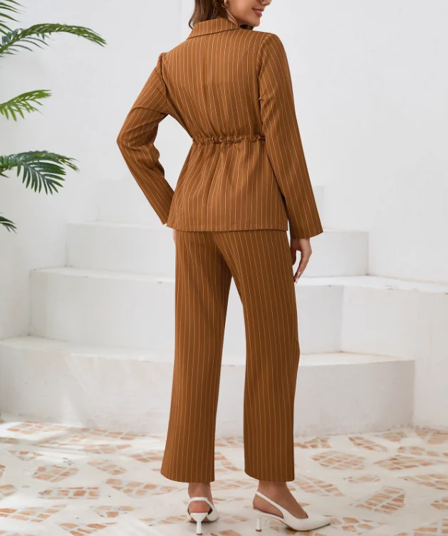 Moda damska Casual Suit Set 2024 Autumn New Style Commuter Striped Collar Straightened Suit Coat Straight Pants 2-częściowy zestaw