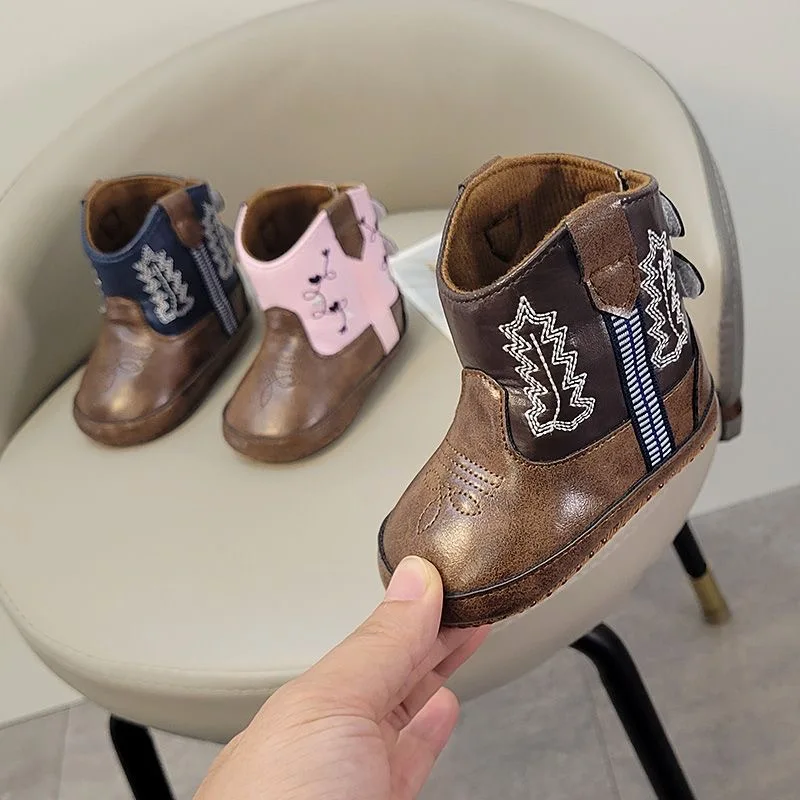 

0-18M Retro Baby Boots PU Cute Printed Casual Baby Boots Embroidered Baby Boots Baby Walking Shoes