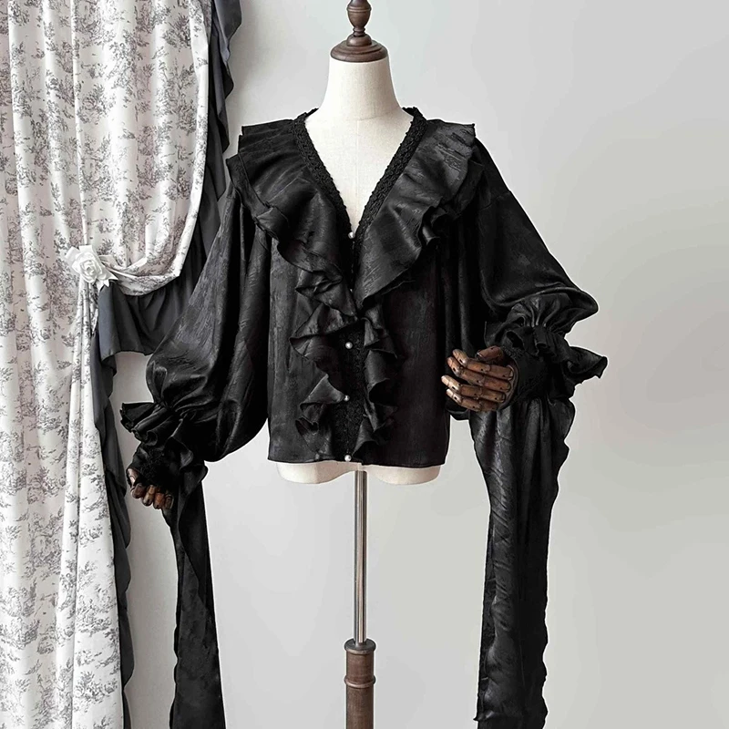 

Y2K Gothic Black Shirts Women Japanese Lolita Ruffles White Blouses Harajuku Kawaii Cutecore Red V Neck Long Sleeve Design Tops