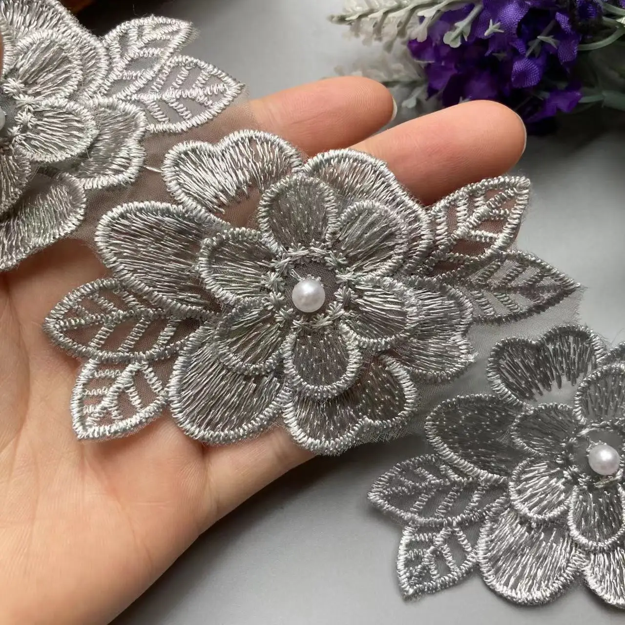 10x Pearl Flower Double Layer Wings Embroidered Lace Trim Knitting Ribbon Floral Applique Patches Dress Fabric Sewing Craft 9cm