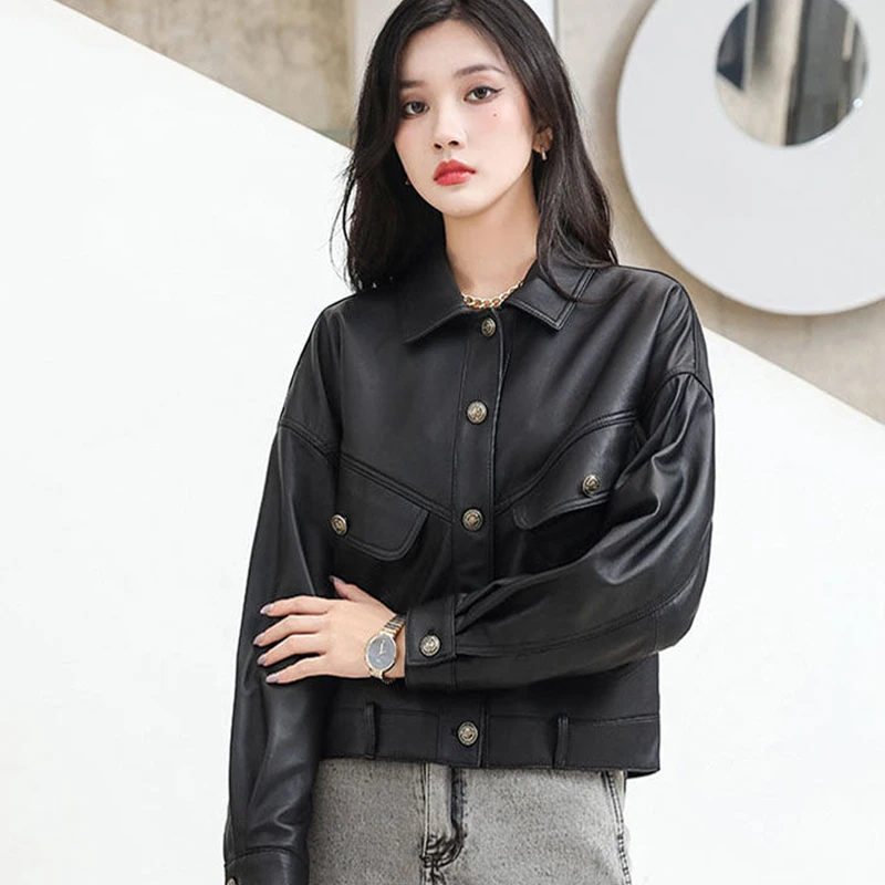 Autumn Winter Thicken Warm Vintage Leather Coat 2023 Women\'s Sheepskin Genuine Leather Coat Turn-down Collar Button Pocket Coat