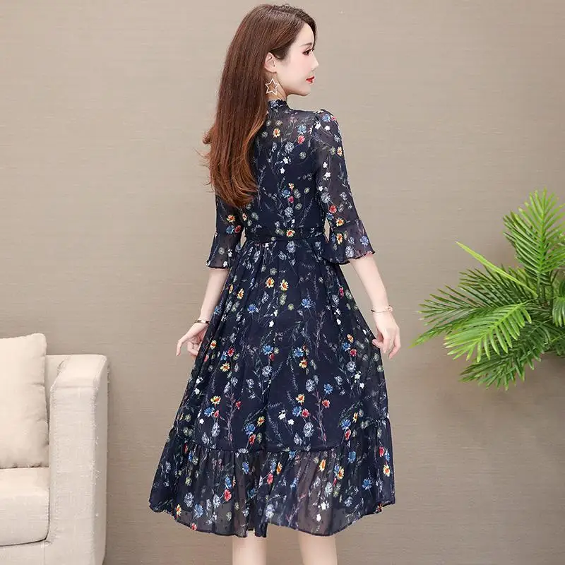 Ladies Summer Fashion Simplicity Office Lady Printing Net Yarn Floral Chiffon Loose O-neck 3/4 Sleeve Women Clothes Midi Dress