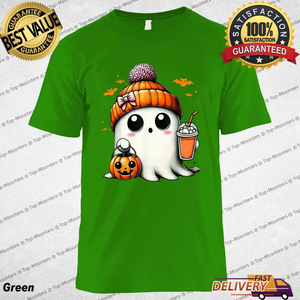 Halloween Coffee T-Shirt Cute Ghost Drinking Ice Coffee Funny Women Shirt