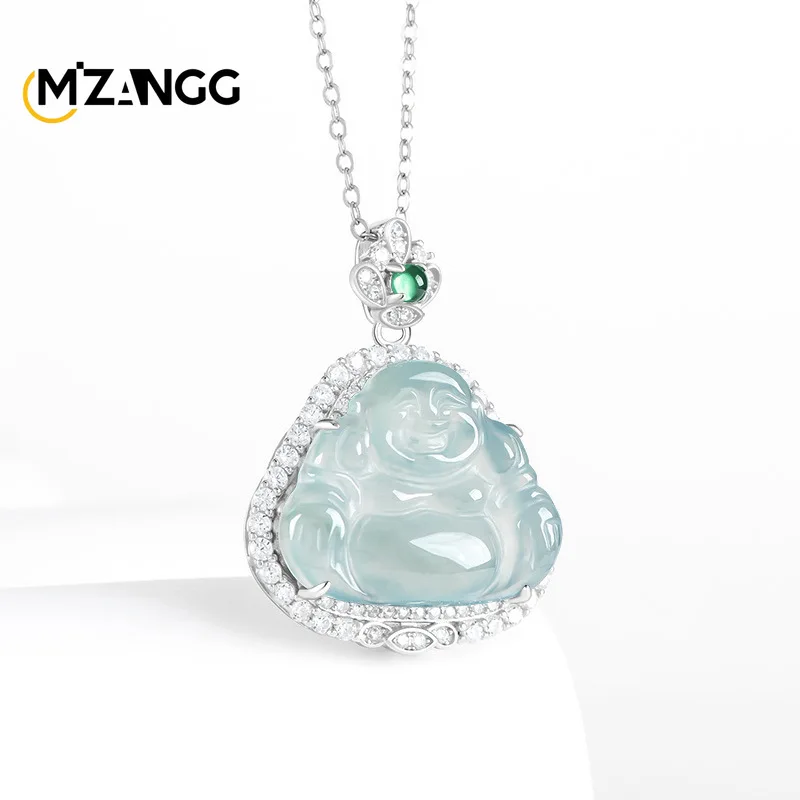 Natural S925 Silver Inlaid Jadeite Blue Water Buddha Gong Pendant Fashion Luxury Exquisite Ice Kind Women's Jade Necklace Gift