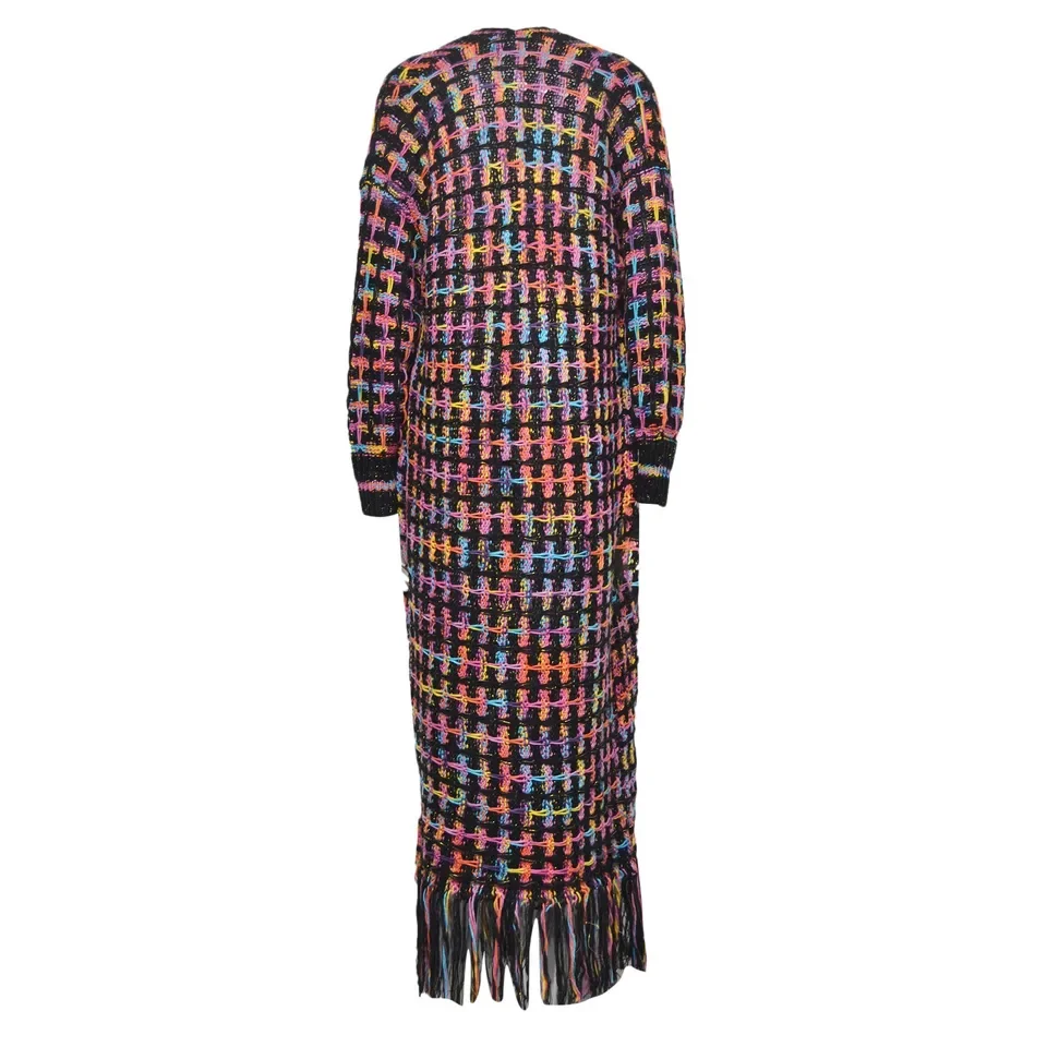 Women Colorful Cardigan Long Sleeve Knitted Open Front Loose Warm Sweater Coat with Tassel Floor Length Autumn Winter Jackets