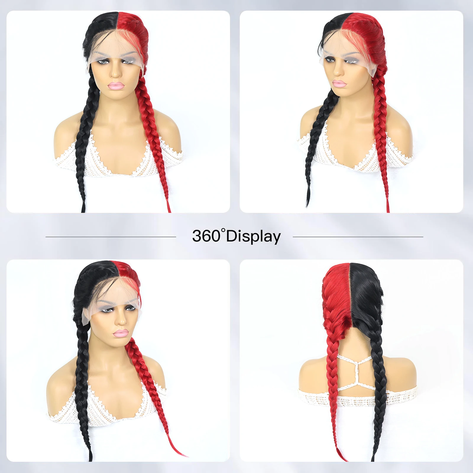 Half Red Half Black Colored Lace Front Braided Wigs For Women 26 Inch Long Synthetic Double Dutch Box Braids Wig With Baby Hair