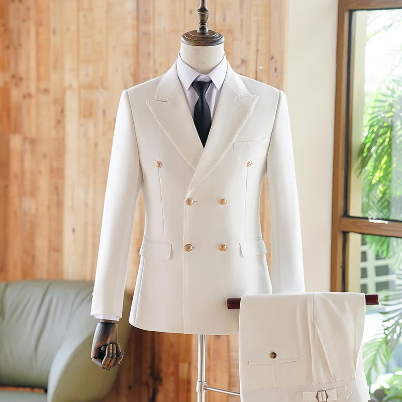 

HH345Light luxury suit for men double-breasted business suit white dress groom wedding suit British style double-breasted