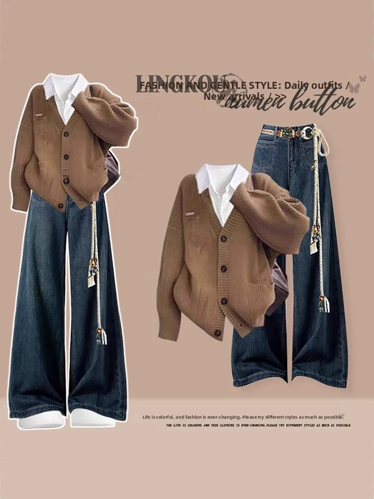 

Elegant plus Size Knitted Cardigan And High Waist Jeans Women's Fashion Set Casual Style mid Autumn Three Pieces Set