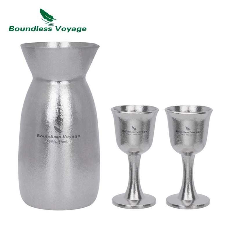 

Boundless Voyage 3 Pieces Titanium Japanese Sake Set 150ml Sake Carafe with 2 Cups for Sake Soju Wine Tea Lightweight Drinkware