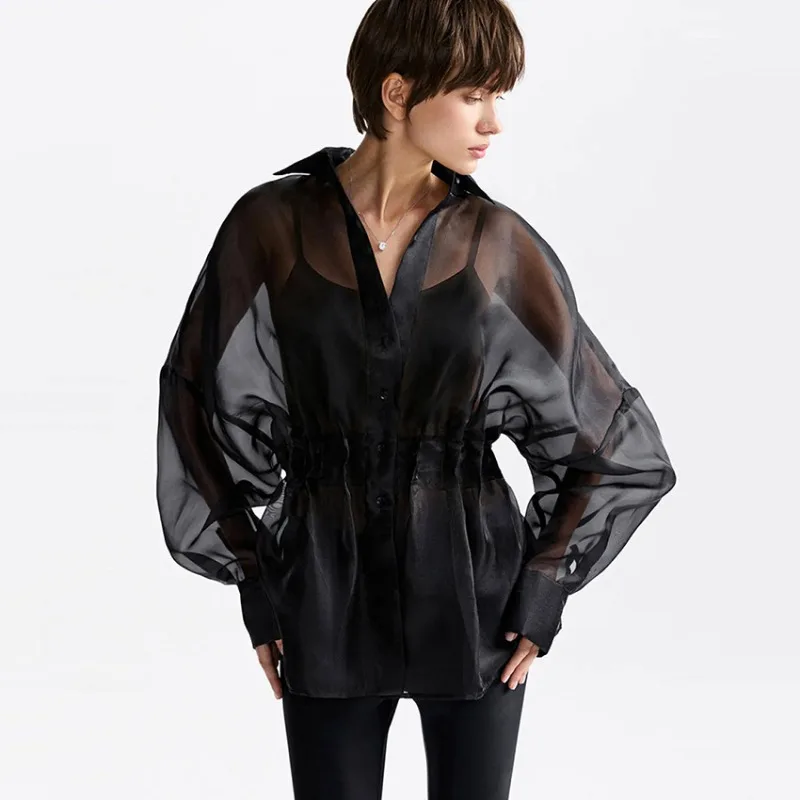 

The New Autumn and Winter Fashion Sexy Black See-through Top A High-end Women's Cross-border European and American Style Shirt
