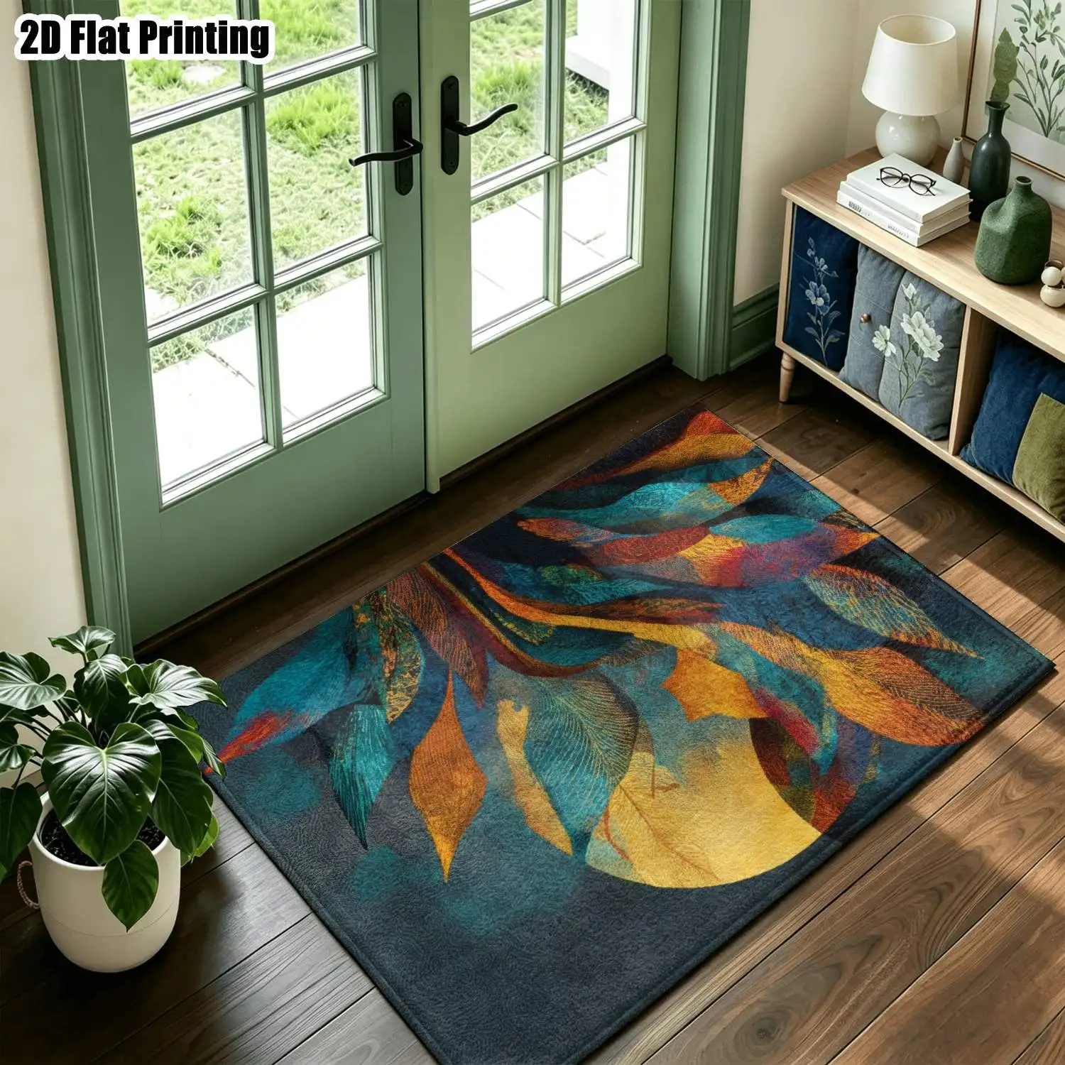 1Pc 2D Printed Abstract Art Carpet: Blue, Yellow, Orange Nordic/Instagram/Modern/European/Vintage Style, Multi-Size, Machine Washable, for Entrance, Dining, Foyer, Living Room, Bedroom Home Decor
