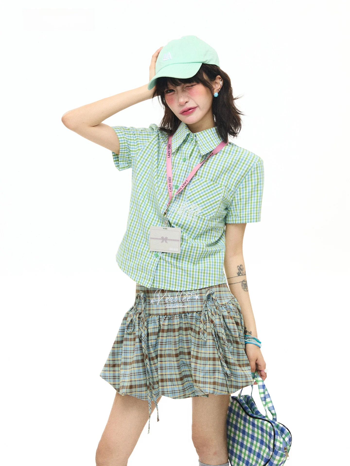 

Женская рубашка Astrsk Summer Fre Mint в клетку с коротким рукавом, универсальная, стройнящая, маленького размера, в стиле ретро, стандартного кроя