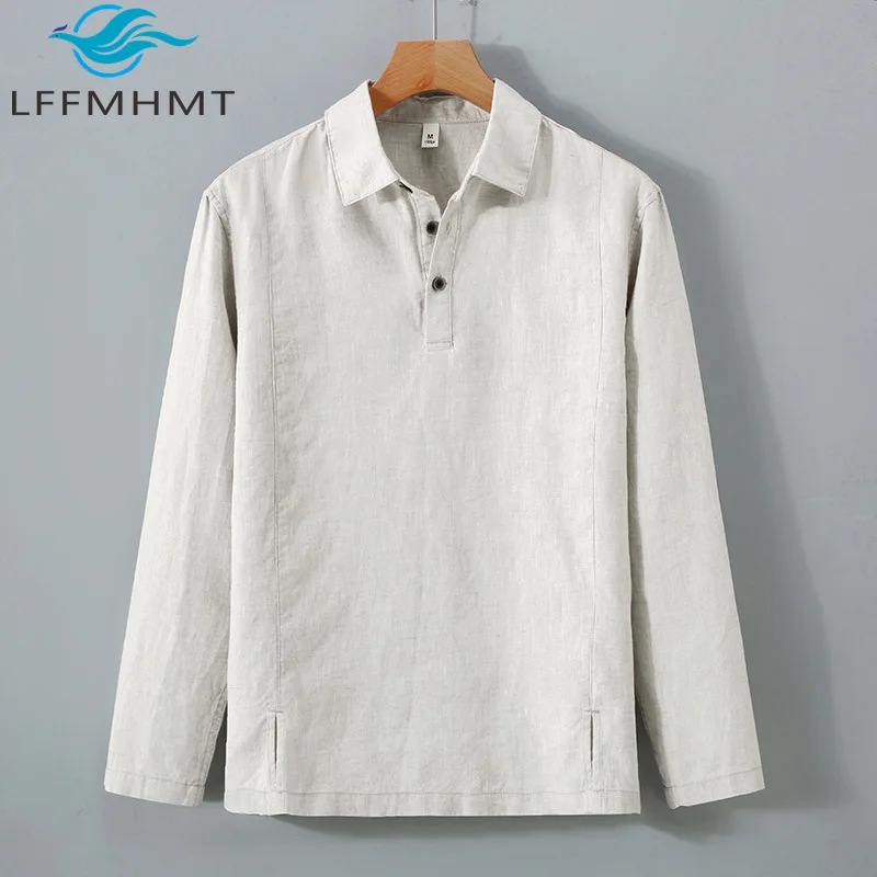 

100% Linen Premium Men's Casual Shirt Chinese Style Spring Autumn Long Sleeve Loose Thin Solid Color Simple Basic Pullover Tops