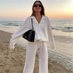 Cross border Spring and Autumn new women's two-piece casual and fashionable pleated shirt straight leg pants loose hanging set