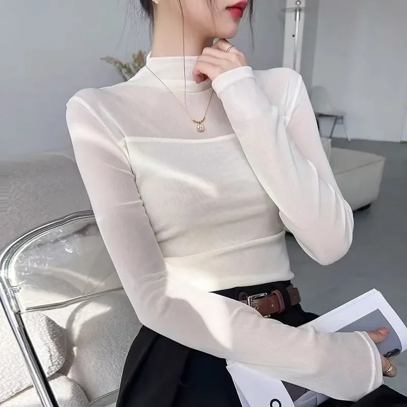 

Кружевная темпераментная футболка с полувысоким воротом, осень-зима, новая модная сетчатая футболка с длинными рукавами, сложенная в сложенном виде