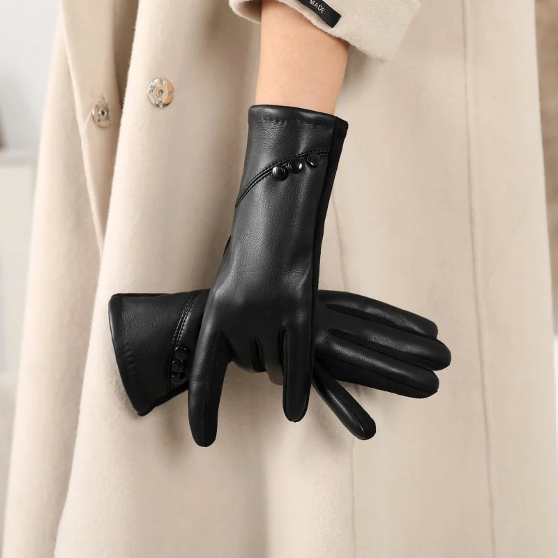 

Зимние протеиновые кожаные перчатки с флисовой подкладкой, перчатки с сенсорным экраном, элегантные женские перчатки, теплые замшевые кожаные перчатки для езды на велосипеде