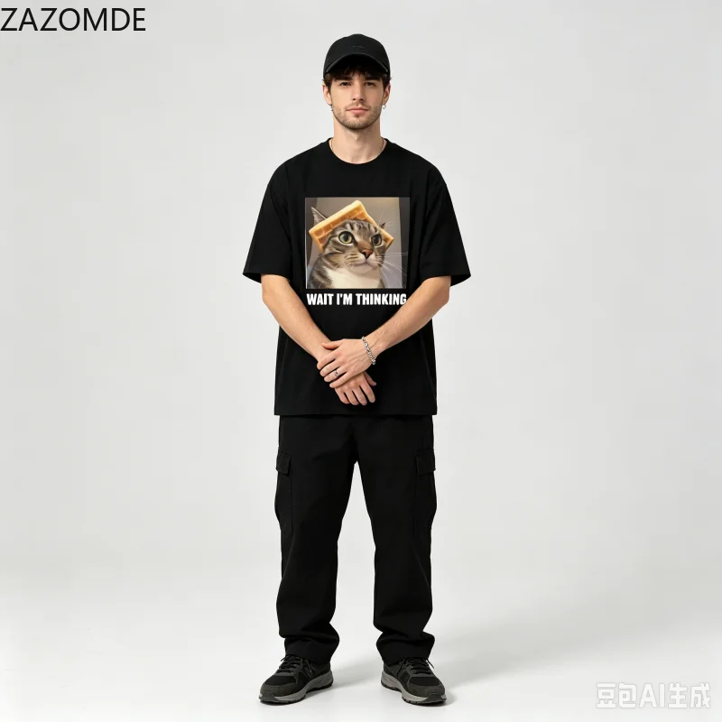 ZAZOMDE Hip Hop Loose Graphic Tshirt Wait I'm Thinking Viral Thinking Cat Picture Print Daily Street Style Unisex Tops Summer