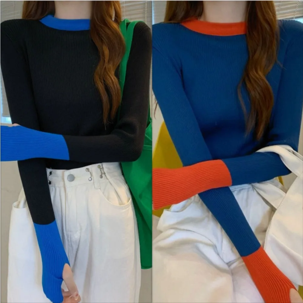 

Retro Contrast Color Splice Pullover Women Long Sleeve Knitted Sweater Slim Casual Bottoming Top Jumper