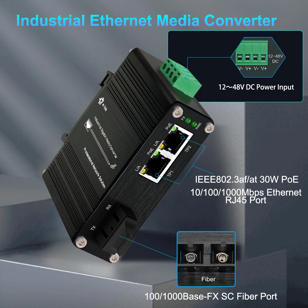 Industrial Gigabit Fiber Media Converter 10/100/1000Mbps 2*RJ45+1*SFP/SC PoE optional Din-Rail & Wall Mount 12~48V DC