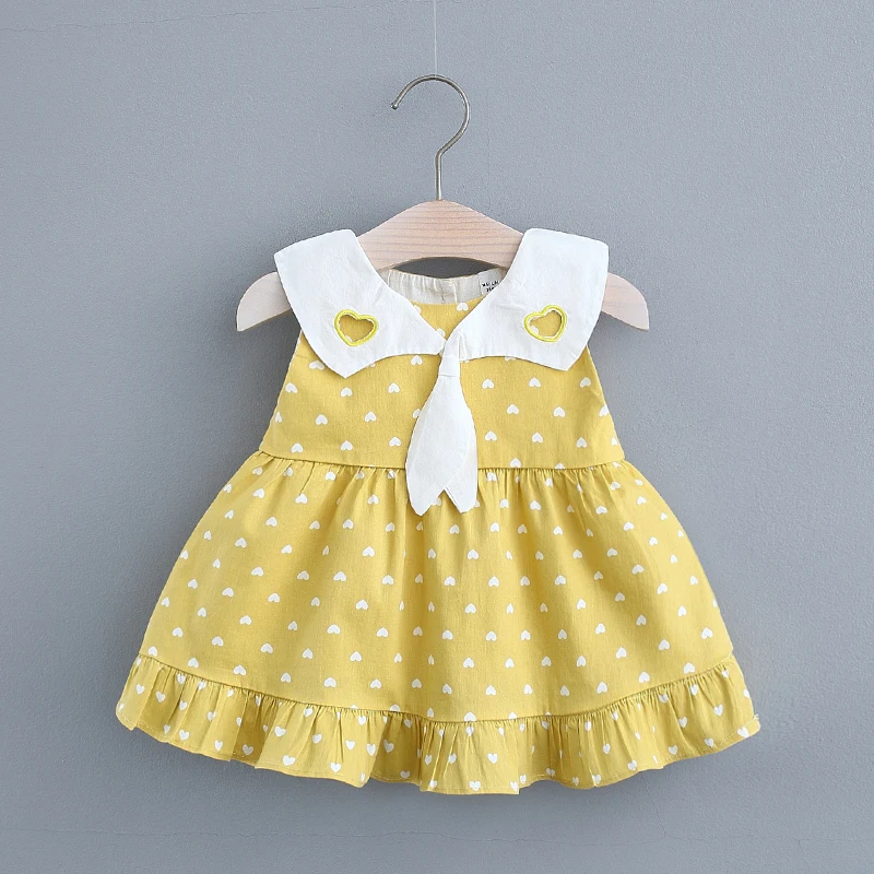 Baby Girl Dress Summer Girls Solid Color Collar Tie Heart Printed Bottom Lace Sleeveless Princess Dress