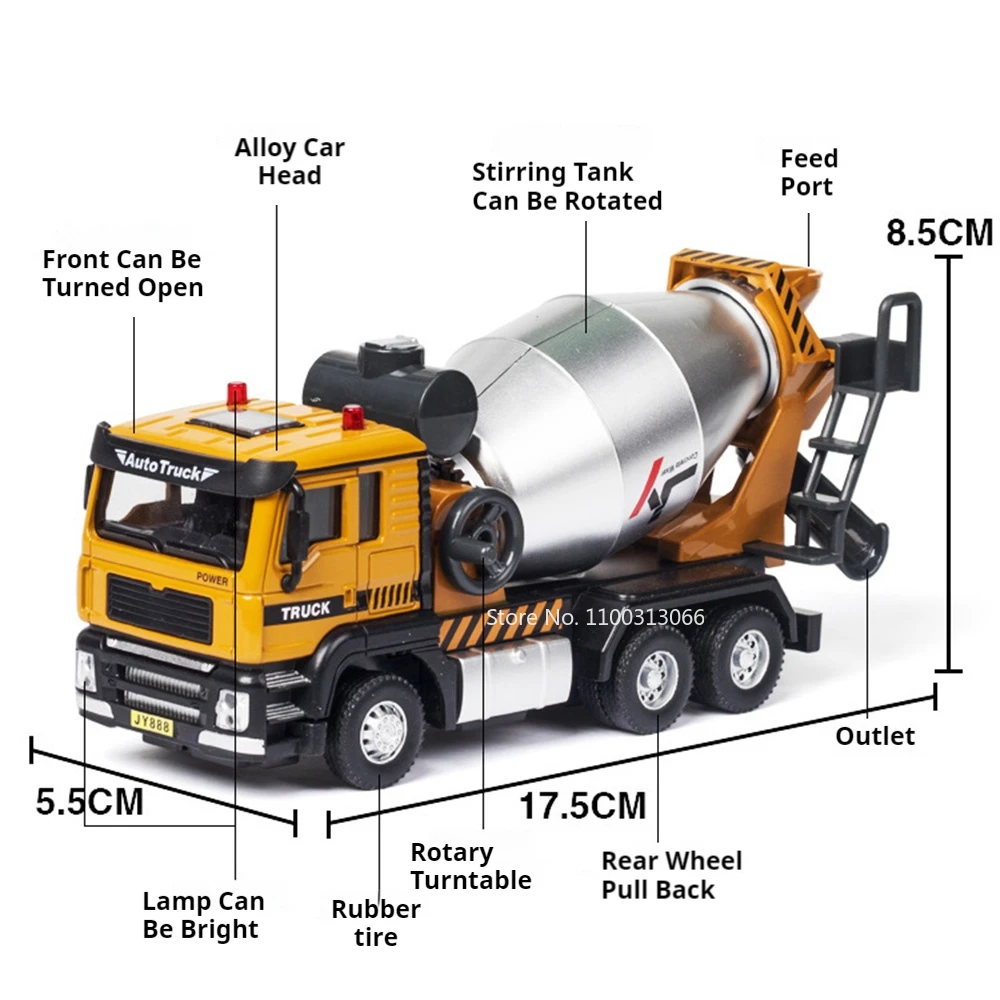 1/50 Scale Mixer Truck Toy Models Cars with Light Music Excavator Wheel Pull Back Engineering Vehicles for Kids Birthday Present